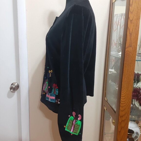 Michael Simon Event Medium Nutcracker Christmas Black Velvet Cardigan Sweater - Picture 3 of 16